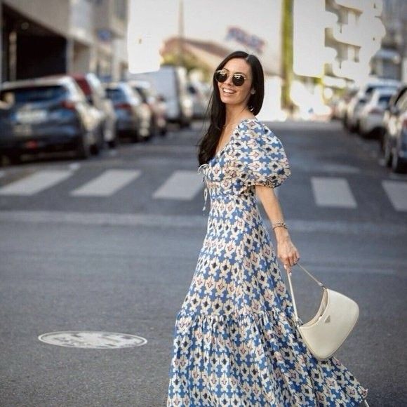 Zara Midi Maxi Dress Blue Ivory Pink Blogger Fave Women’s XL Puff Sleeve - Picture 10 of 15